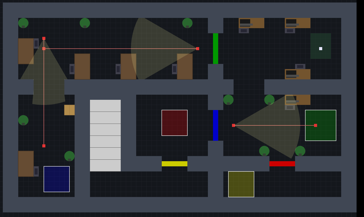 A large complex level with multiple rooms, guard patrols, cameras, and color-coded doors