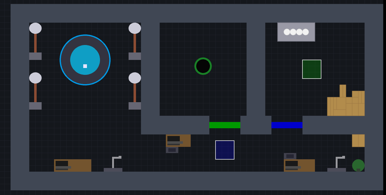 Level 1 of Getaway Golf showing the early prototype with a cyan golf ball, doors, and switches