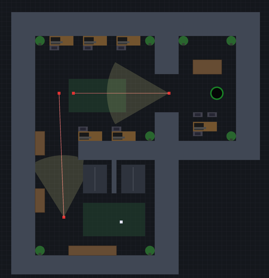 Level 6 showing security cameras with vision cones and laser tripwires