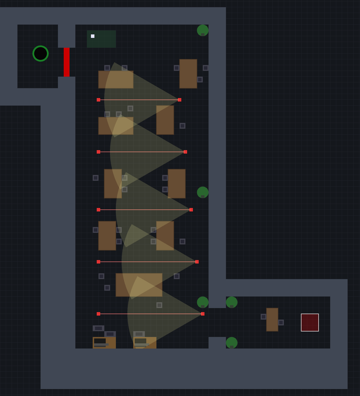 Level 9 showing a dense corridor of overlapping security cameras and laser grids